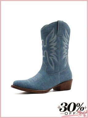 Faux Leather Western Cowboy Boots Square Toe Mid-Calf Country